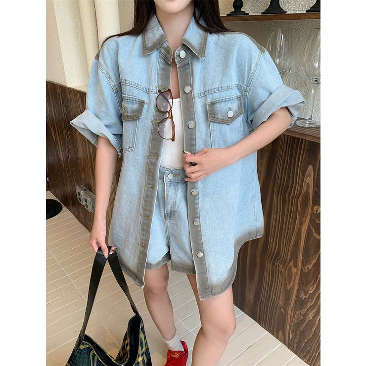 デニム シャツ パンツ セットアップ ストレート ボリューム袖 デニムシャツ＋ショートパンツ セットアップ（セットアップ