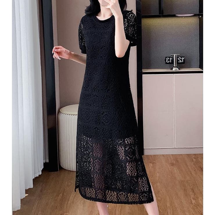 ブラック | 半袖パンチングレースワンピース | Ulysses