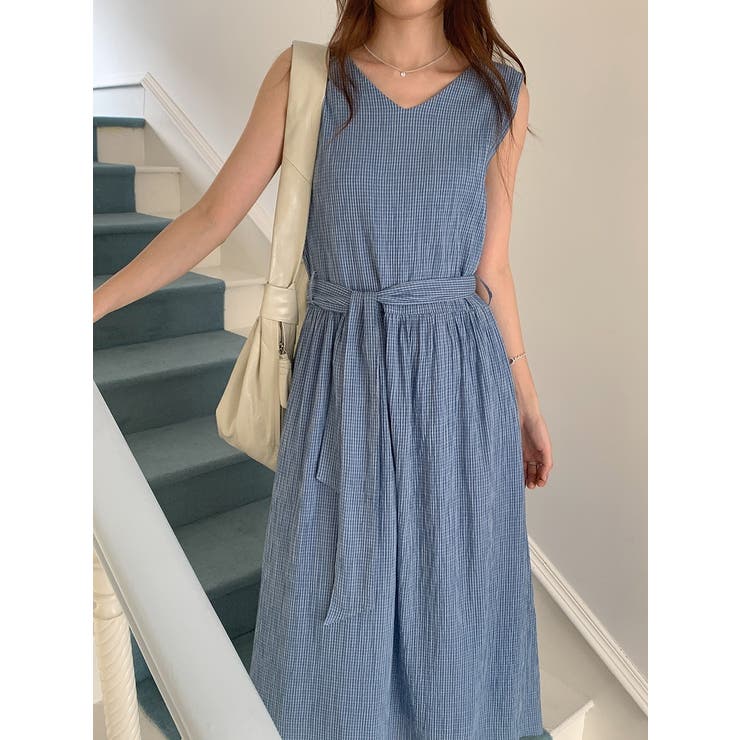 ブルー | リボン袖なしチェック柄ワンピース | Ulysses