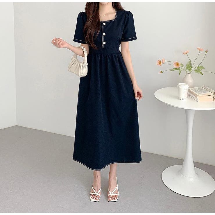 ネイビー | 半袖スクエアネックラインワンピース | Ulysses