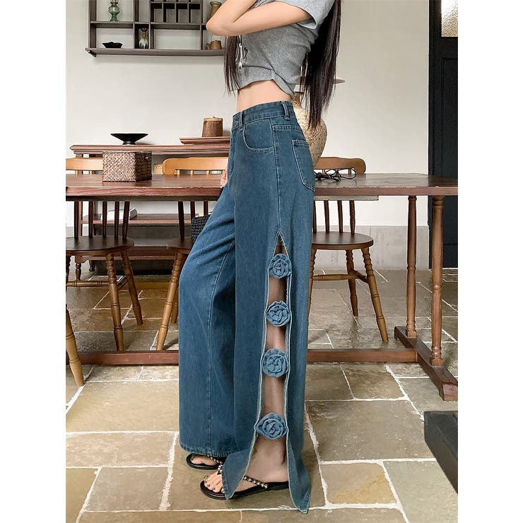 ブルー | フラワースリットデニムワイドレッグ | Ulysses
