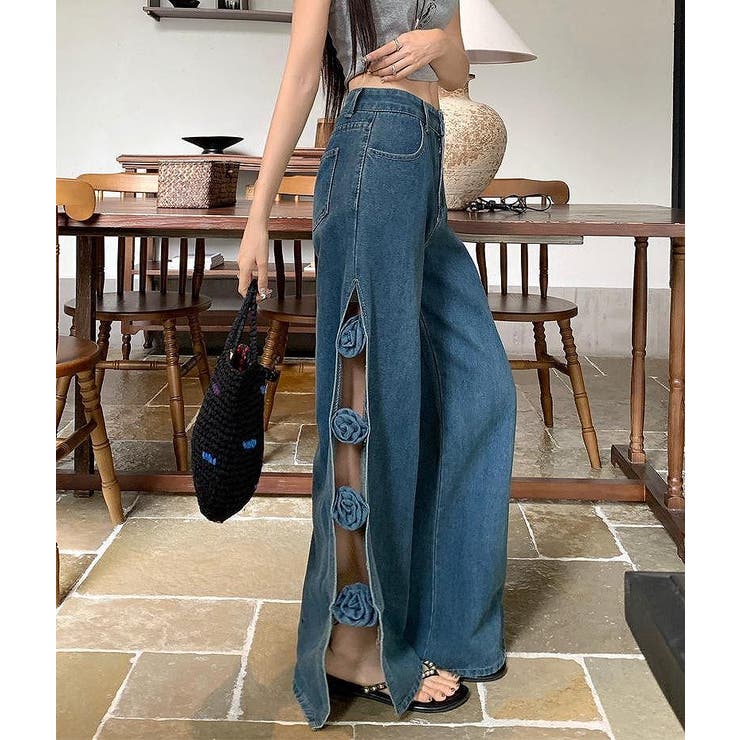 フラワースリットデニムワイドレッグ | Ulysses | 詳細画像1 