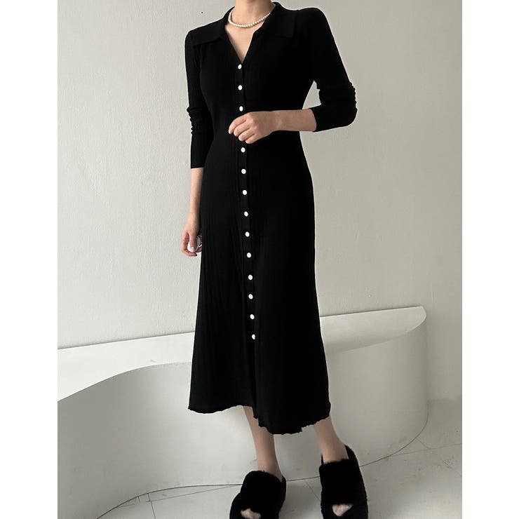 ブラック | ボタンダウンニットワンピース | Ulysses