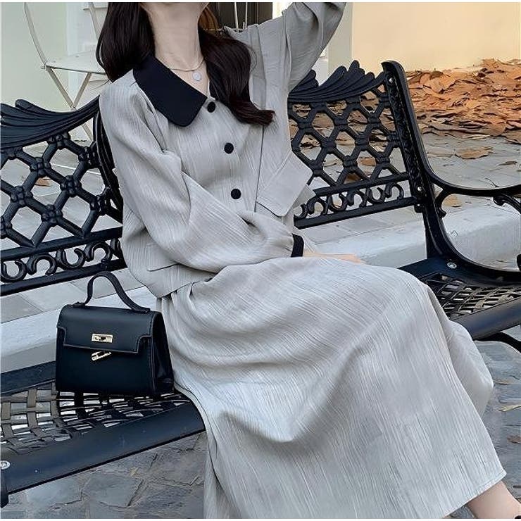 モカ | カラーコントラストの襟付きシャツジャケットスカートセットアップ | Ulysses