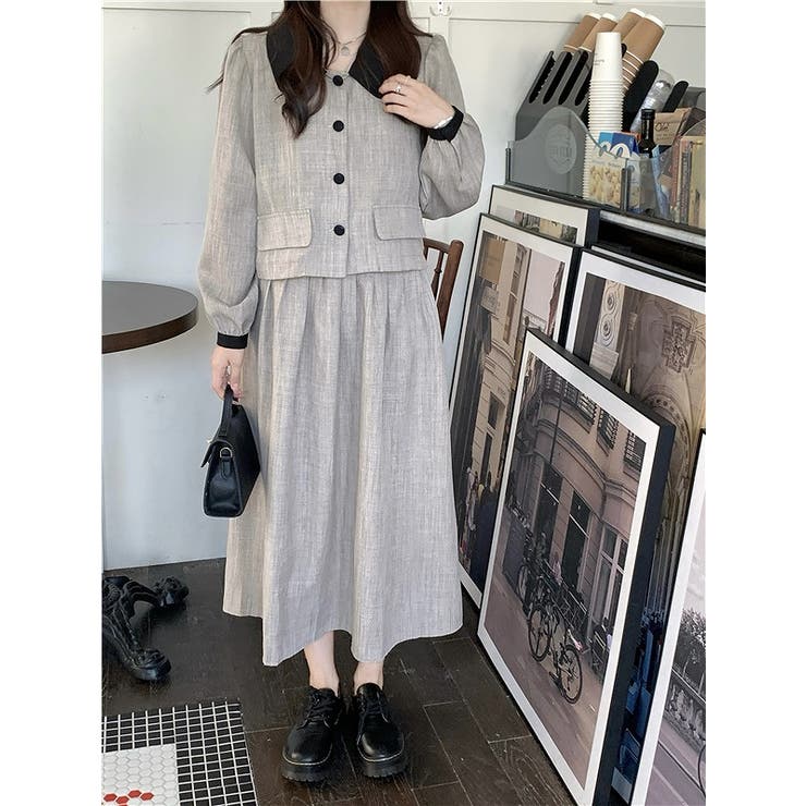 カラーコントラストの襟付きシャツジャケットスカートセットアップ | Ulysses | 詳細画像2 