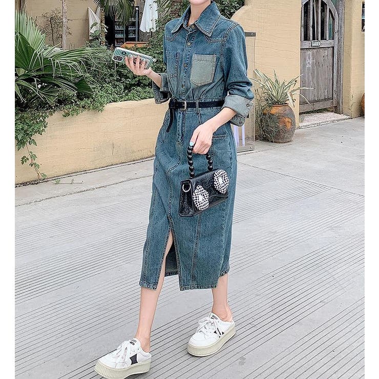 ブルー | ベルト付きデニムスリット長袖ワンピース | Ulysses