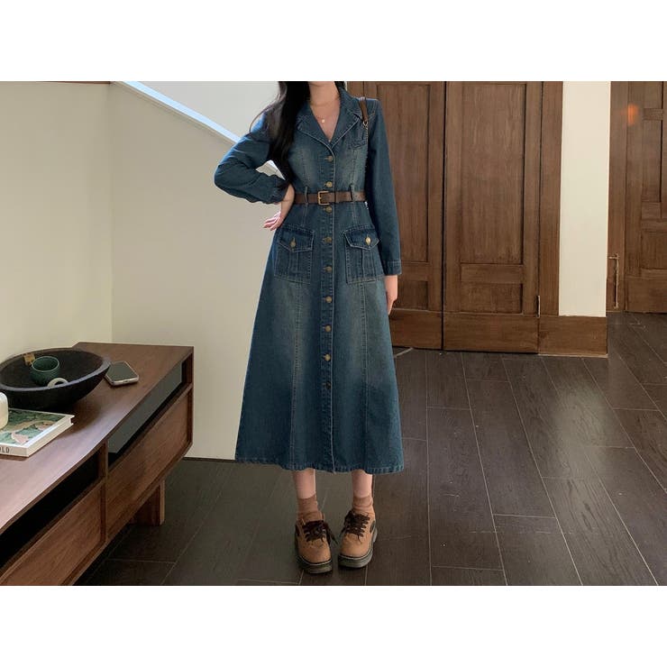 ブルー | ベルト付きシングルブレストデニム長袖ワンピース | Ulysses