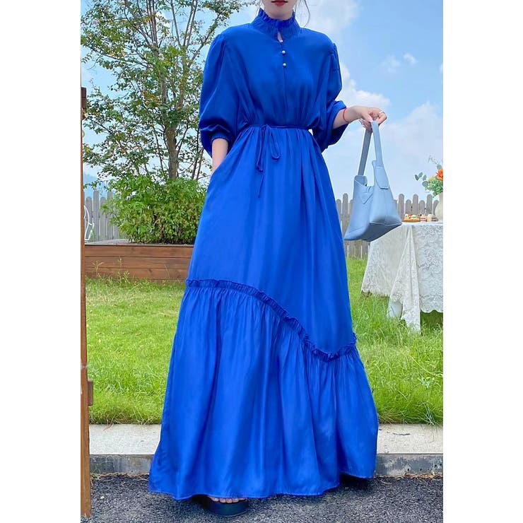 ブルー | リボンスタンドカラー長袖ワンピース | Ulysses