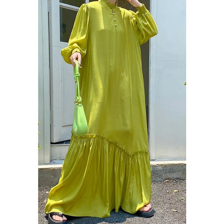 グリーン | リボンスタンドカラー長袖ワンピース | Ulysses