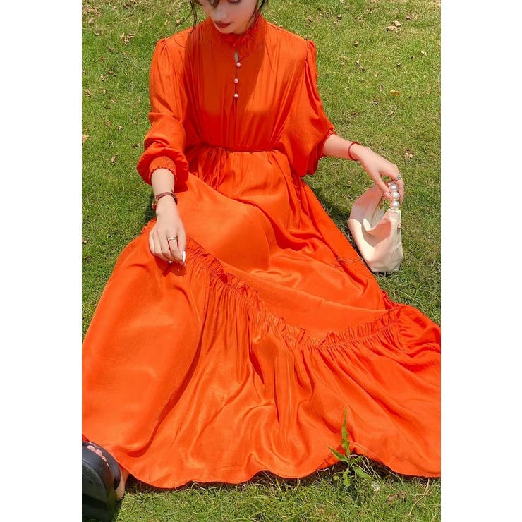 オレンジ | リボンスタンドカラー長袖ワンピース | Ulysses