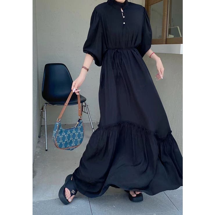 ブラック | リボンスタンドカラー長袖ワンピース | Ulysses