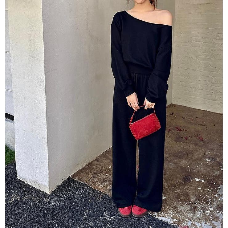 ブラック | スウェットオフショルダートップスワイドパンツセットアップ | Ulysses