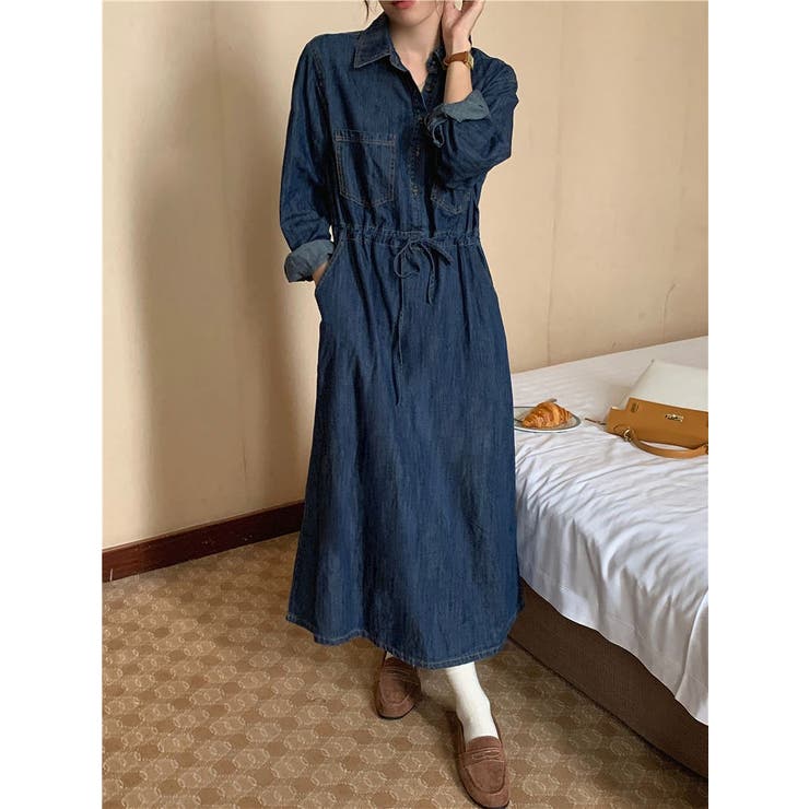 ブルー | デニムリボン長袖ワンピース | Ulysses