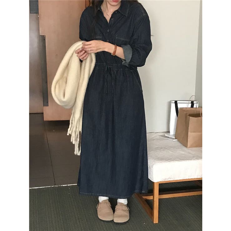 ダークブルー | デニムリボン長袖ワンピース | Ulysses
