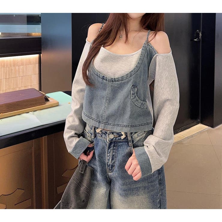 グレー | デニム切り替えスウェットオフショルダートップス | Ulysses