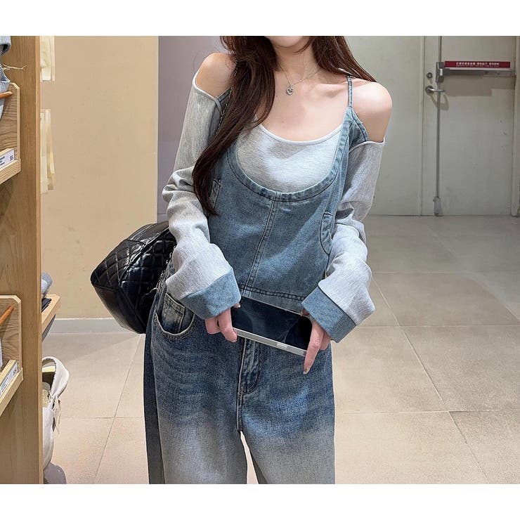 デニム切り替えスウェットオフショルダートップス | Ulysses | 詳細画像1 