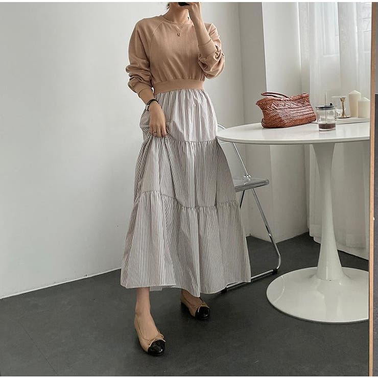 ベージュ | スウェット切り替えストライプワンピース | Ulysses