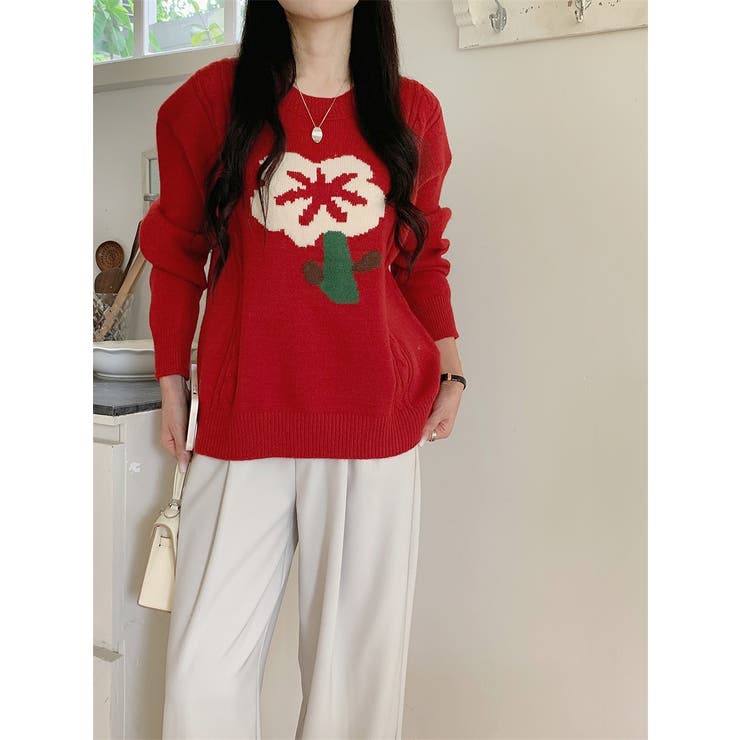 レッド | 配色フラワーセーター | Ulysses