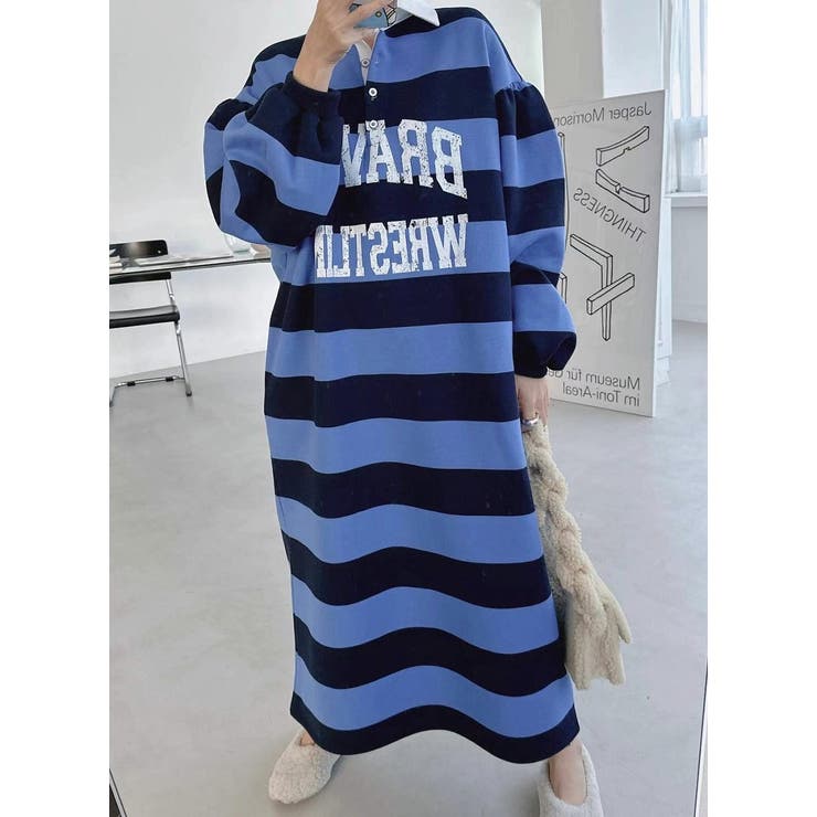 ブルー | オーバーサイズロゴスウェット襟付きスウェットワンピース | Ulysses