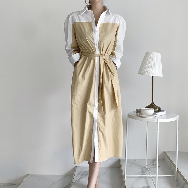 ベージュ | リボン配色シャツワンピース | Ulysses