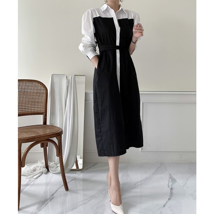 ブラック | リボン配色シャツワンピース | Ulysses