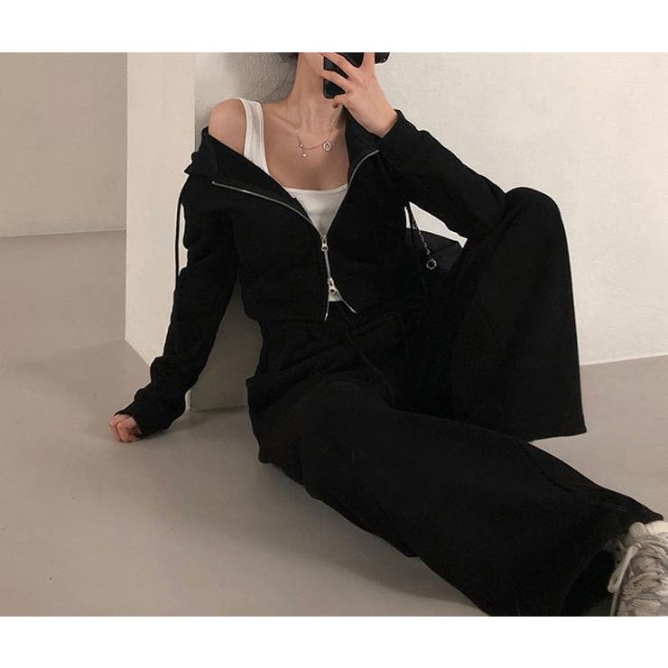 ブラック | ショートパーカーワイドパンツセットアップ | Ulysses