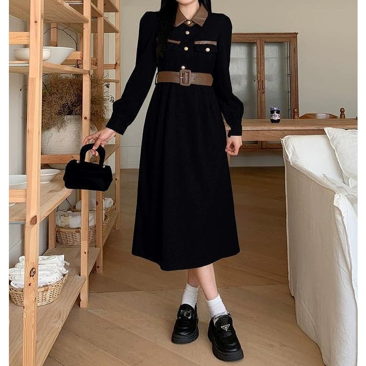 ブラック | 配色長袖ワンピース | Ulysses