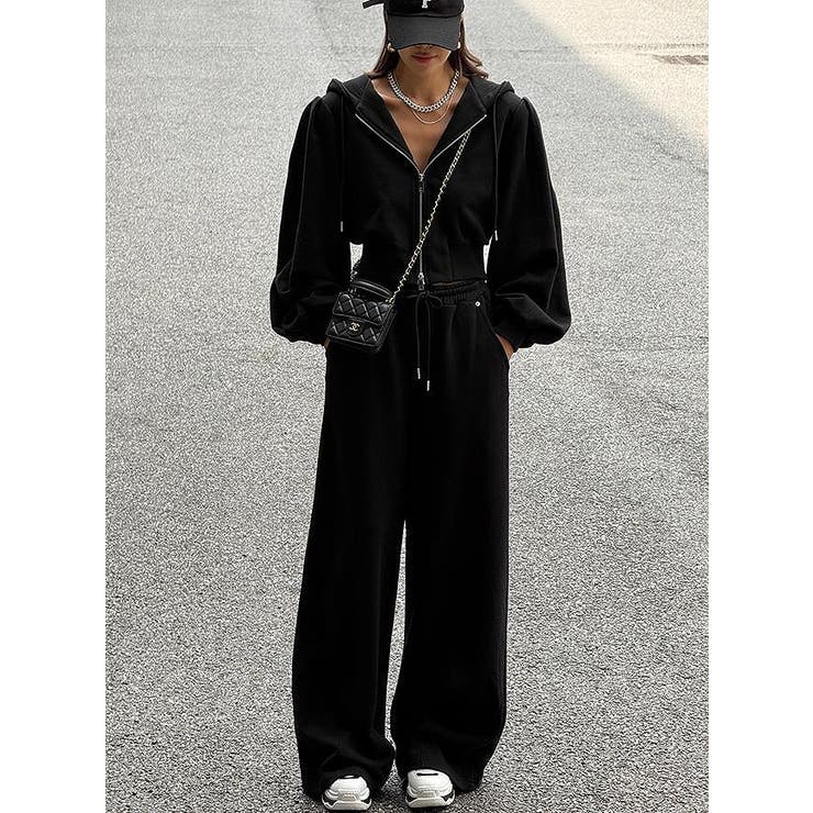 ブラック | パーカーショートジャケットワイドパンツセットアップ | Ulysses