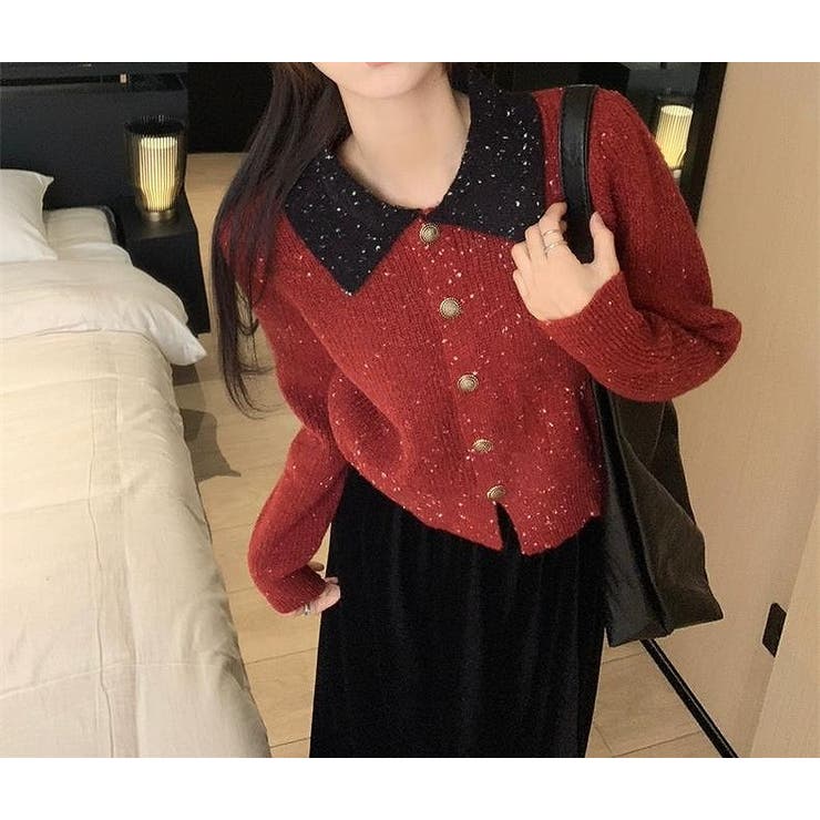 レッド | カラーコントラストの襟付きカーディガンジャケット | Ulysses