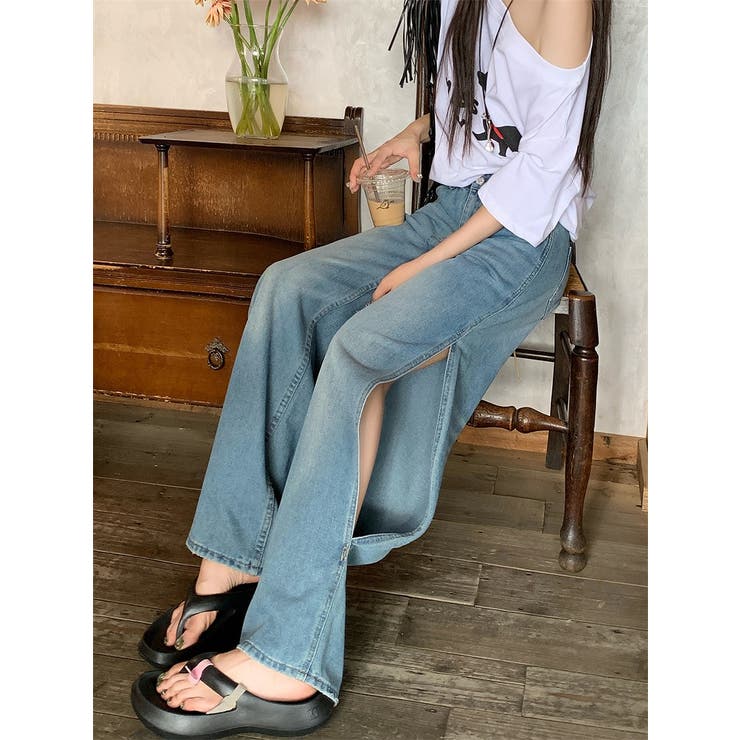 ブルー | サイドスリットデニムワイドパンツ | Ulysses