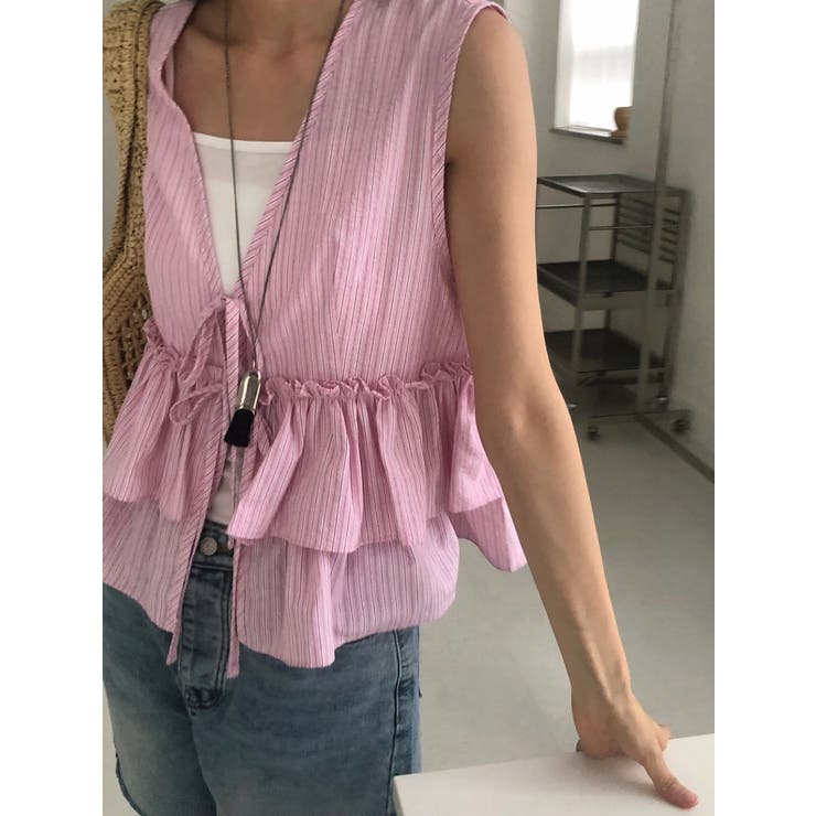 リボン袖なしストライプシャツトップス | Ulysses | 詳細画像1 