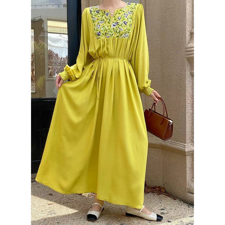 ライトグリーン | リボン刺繍長袖ワンピース | Ulysses