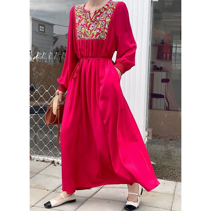 レッド | リボン刺繍長袖ワンピース | Ulysses