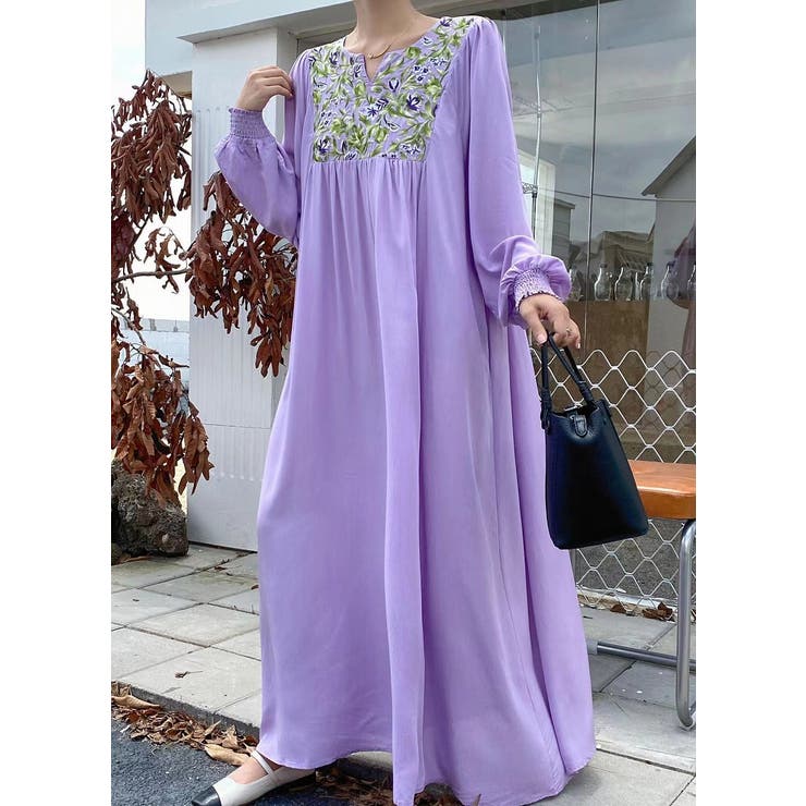 パープル | リボン刺繍長袖ワンピース | Ulysses