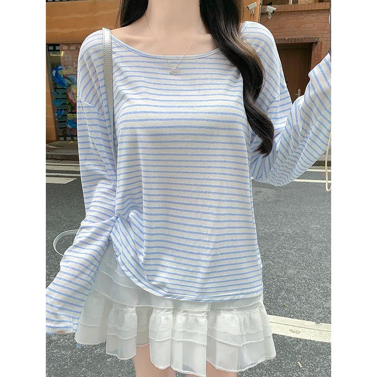 ブルー | リボン長袖ボーダーTEEトップス | Ulysses