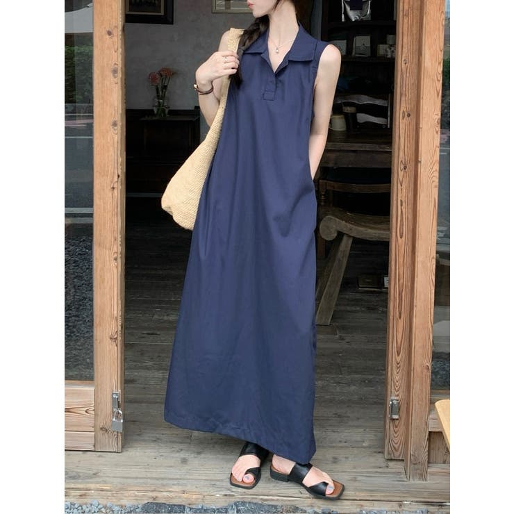 ネイビー | ボタンダウン袖なしワンピース | Ulysses