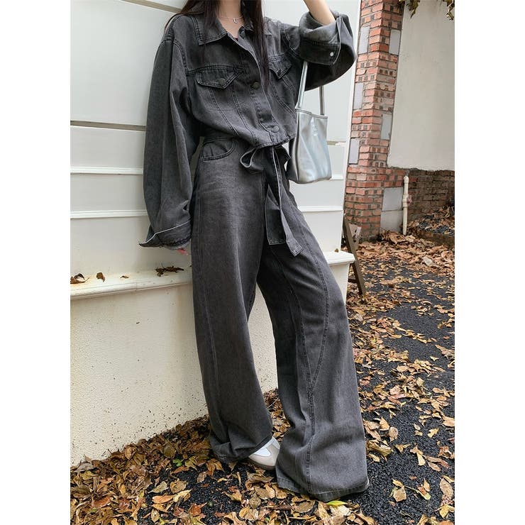 グレー | リボン長袖デニムジャケットワイドパンツセットアップ | Ulysses