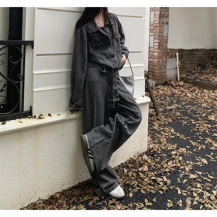 リボン長袖デニムジャケットワイドパンツセットアップ[品番