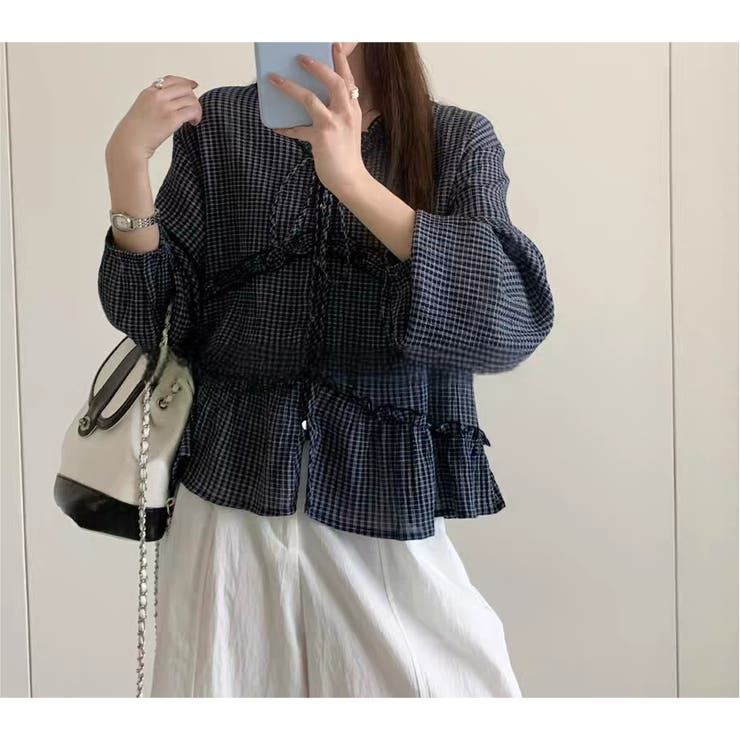 ブラック | リボン長袖チェック柄シャツ | Ulysses
