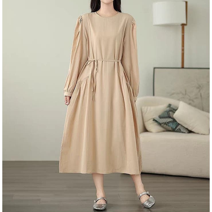 ベージュ | リボン長袖ワンピース | Ulysses