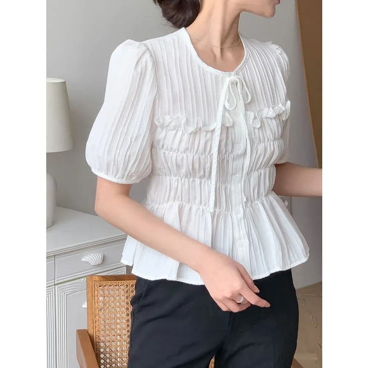 ホワイト | リボン半袖シングルブレストシャツトップス | Ulysses