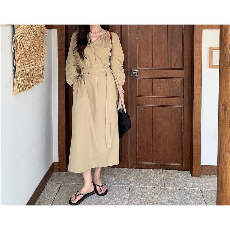 ベージュ | リボン長袖ワンピース | Ulysses