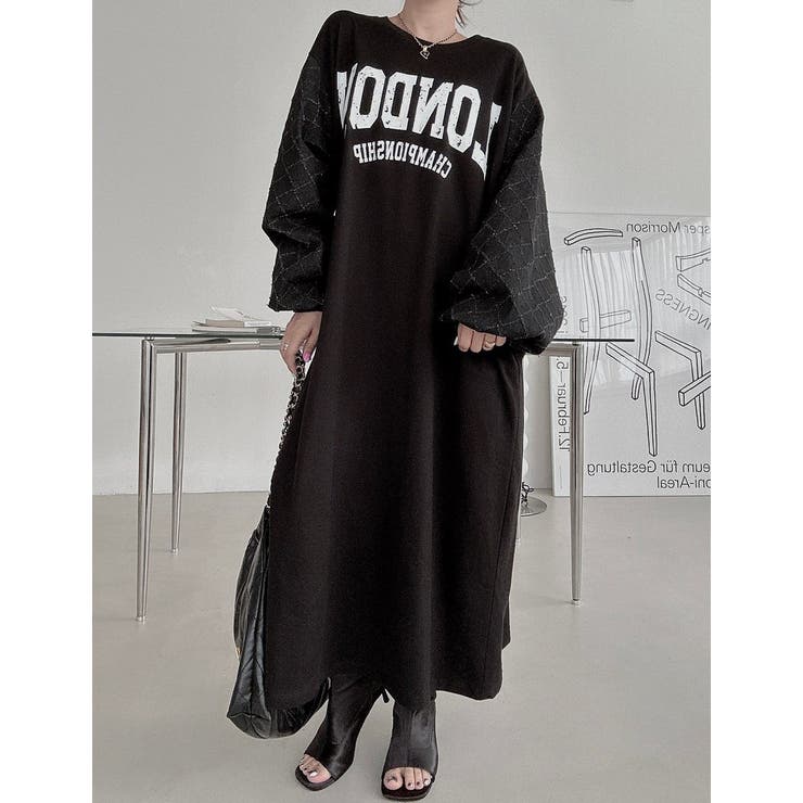 ブラック | ランタンスリーブオーバーサイズロゴスウェットワンピース | Ulysses