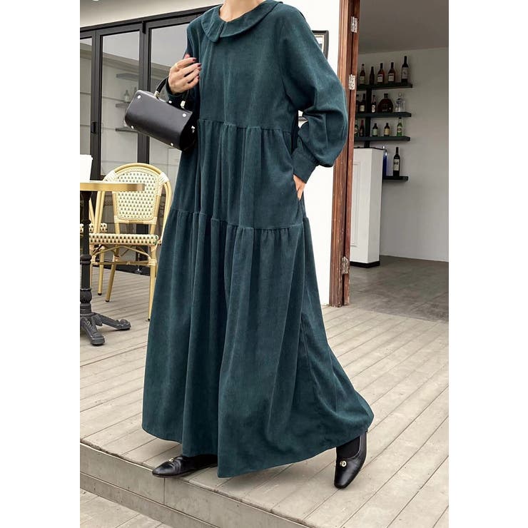 ダークグリーン | 長袖デカ襟コーデュロイワンピース | Ulysses