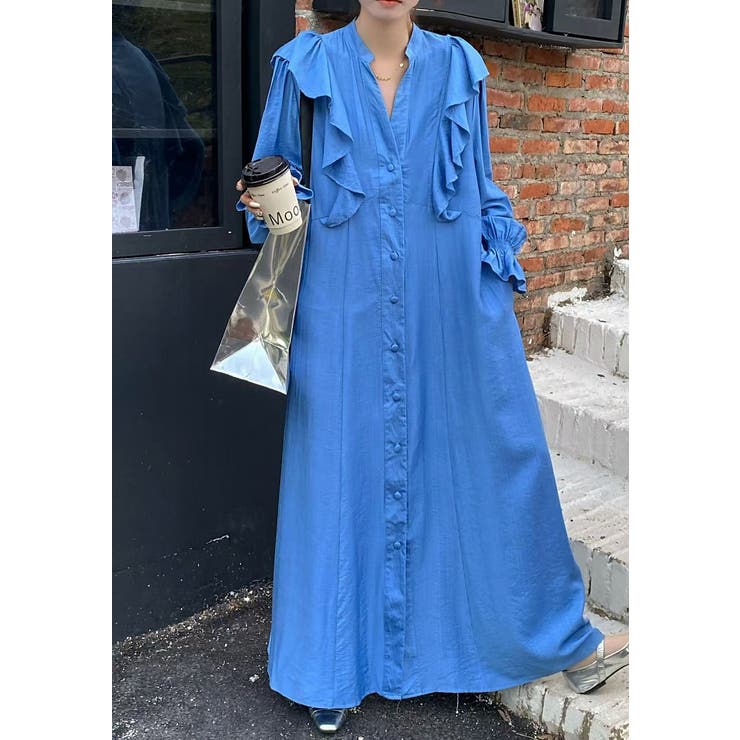 ブルー | フリル長袖シングルブレストワンピース | Ulysses
