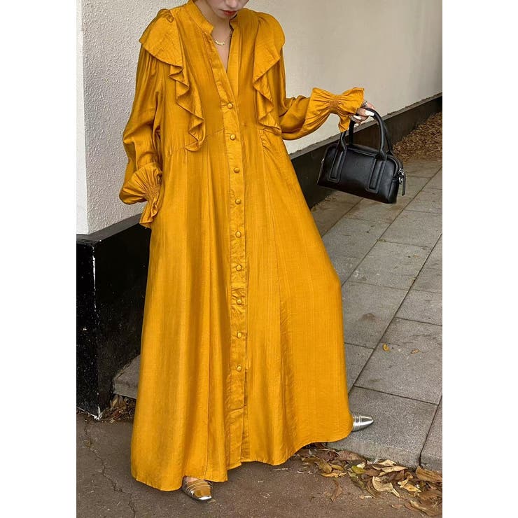 イエロー | フリル長袖シングルブレストワンピース | Ulysses