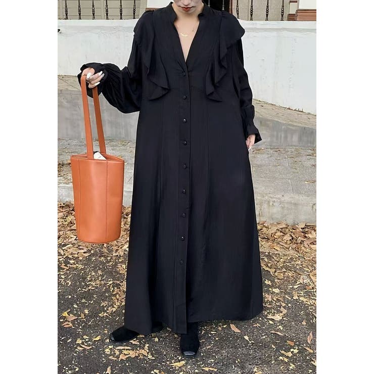 ブラック | フリル長袖シングルブレストワンピース | Ulysses