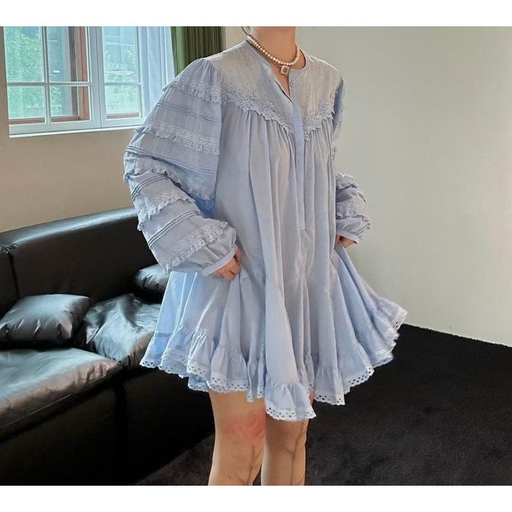 ブルー | レース切り替え長袖ショートワンピース | Ulysses
