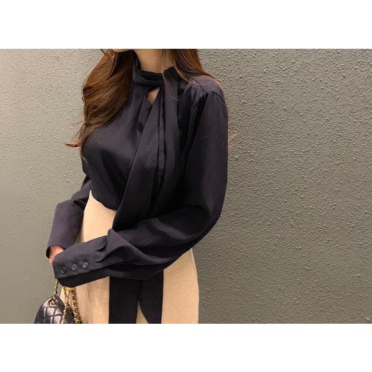 ネイビー | リボンノーカラーシャツトップス | Ulysses