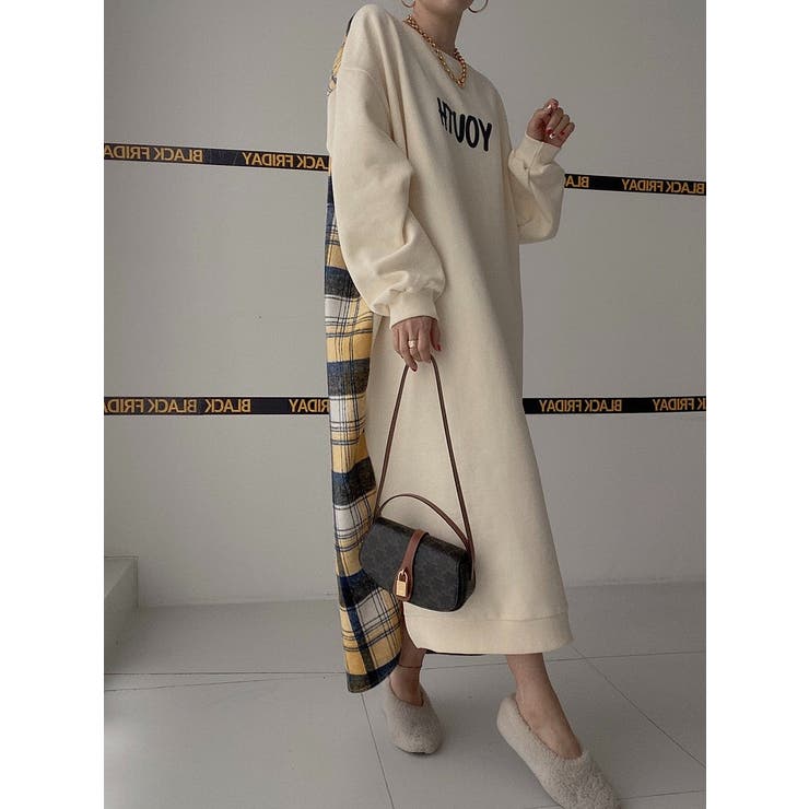 ベージュ | スウェット切り替えチェック柄長袖ワンピース | Ulysses